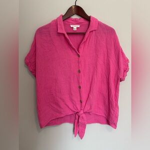 Beach Lunch Lounge Women’s Hot Pink Button Up Short Sleeve Blouse L Gauze Cotton